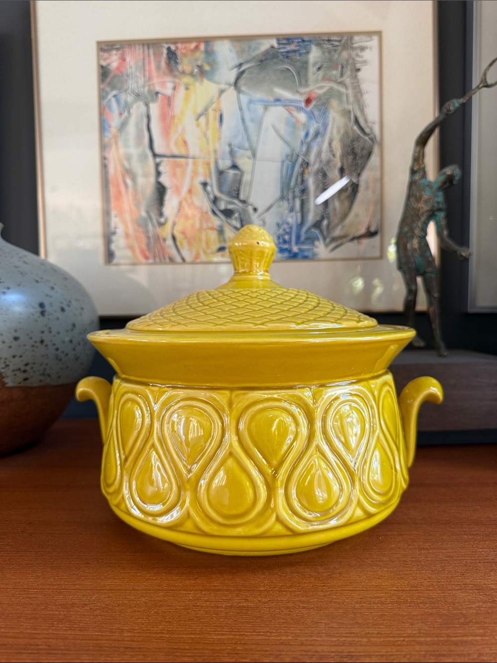 vintage yellow California Pottery lidded casserole dish or soup tureen